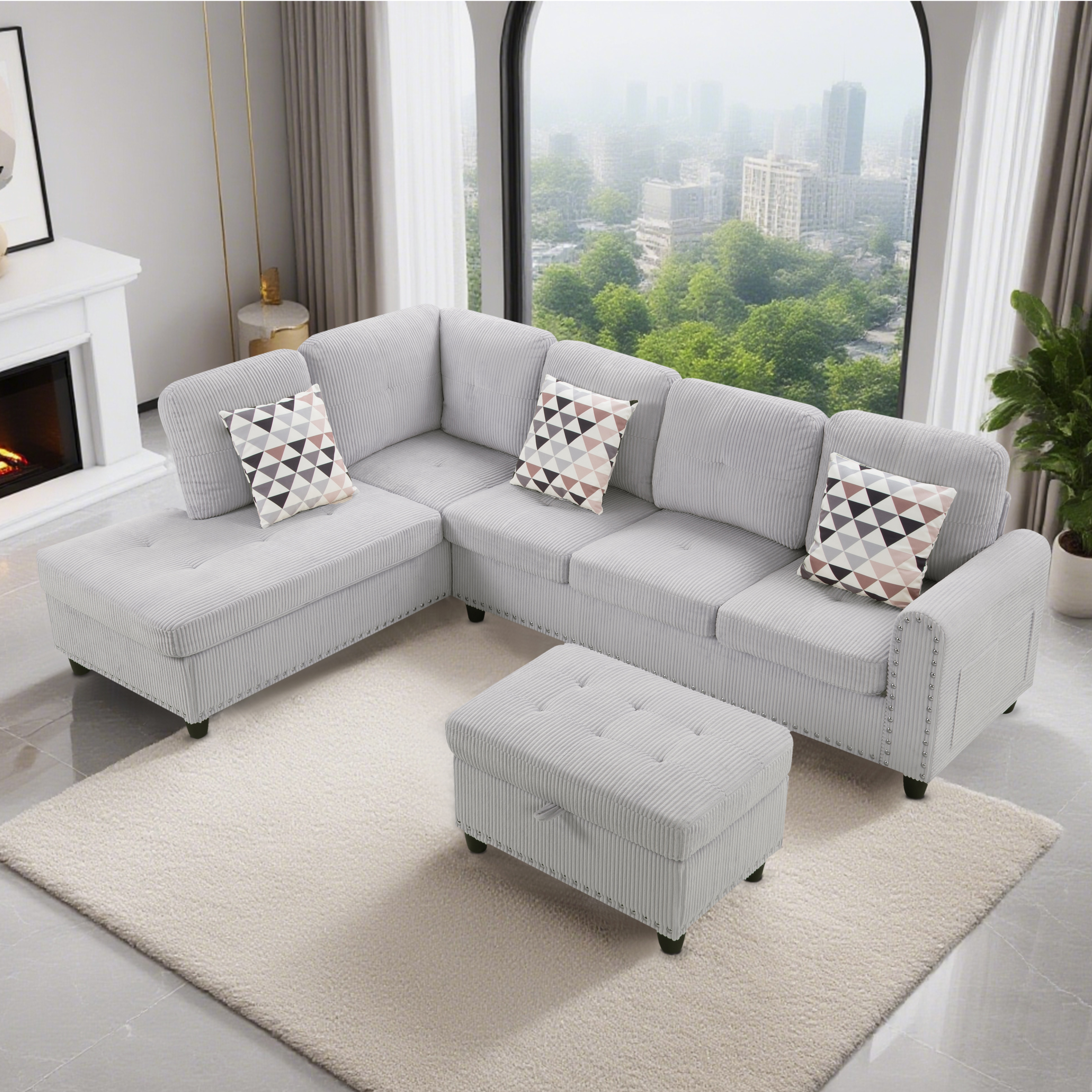AENKYO 95″ L-Shaped Corduroy Modular Sectional Sofa with Ottoman & Cup Holders – Living Room Couch for Apartments，Light Gray