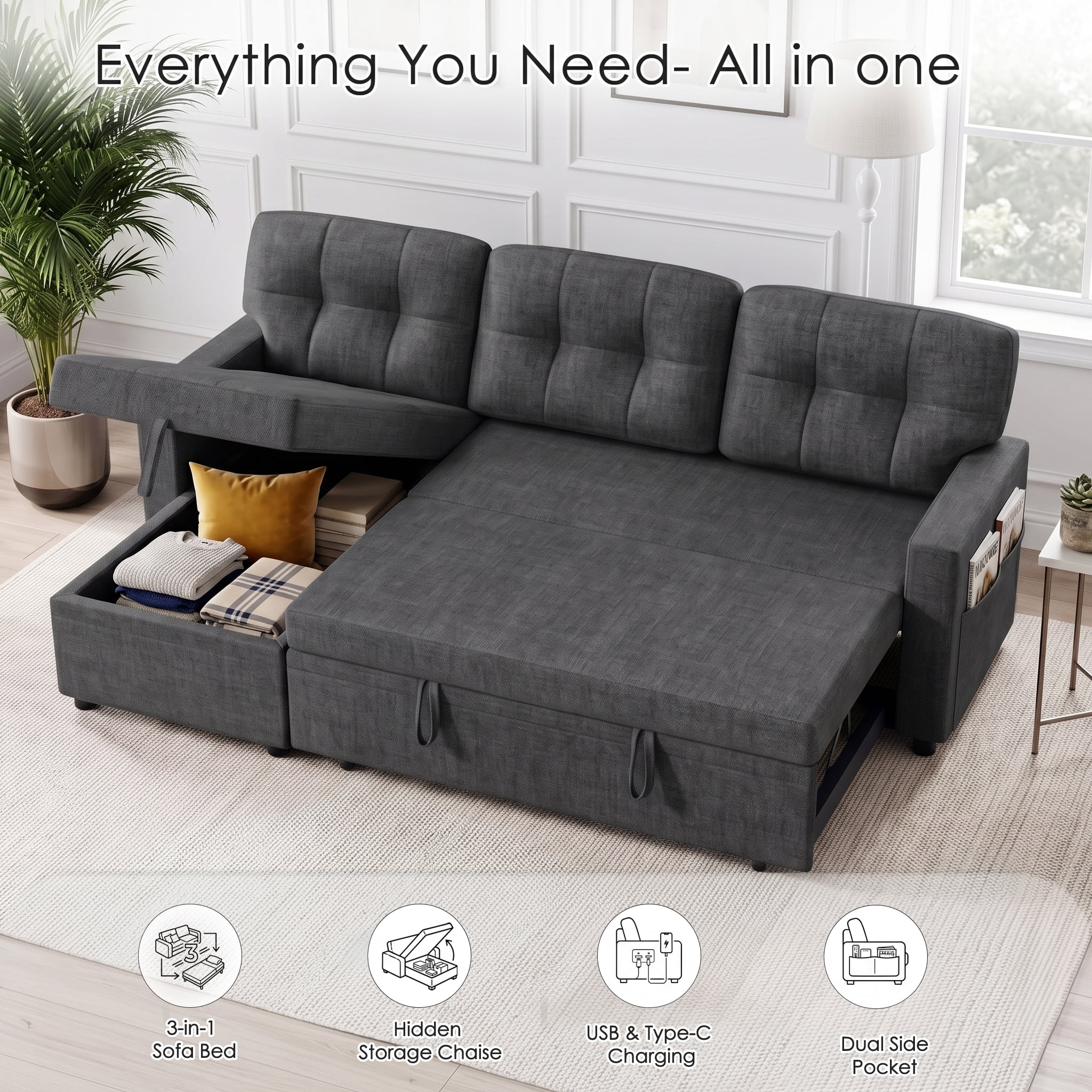Convertible Sectional Sleeper Sofa Bed, 82" L Shaped Sofa with Pull Out Couch, Reversible Chaise, Storage & Charging Ports, Linen Fabric 3 Seater Couch for Small Spaces Living Room, Dark Gray