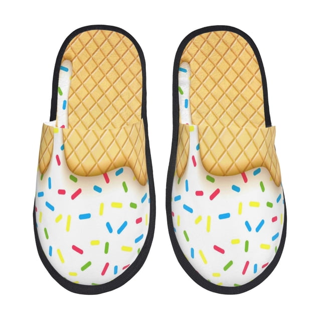 Balery White Ice Cream Pantuflas de Casa de Felpa Silenciosas con Diseño Estampado, Zapatillas Cómodas Antideslizantes de Algodón para Interior-Large