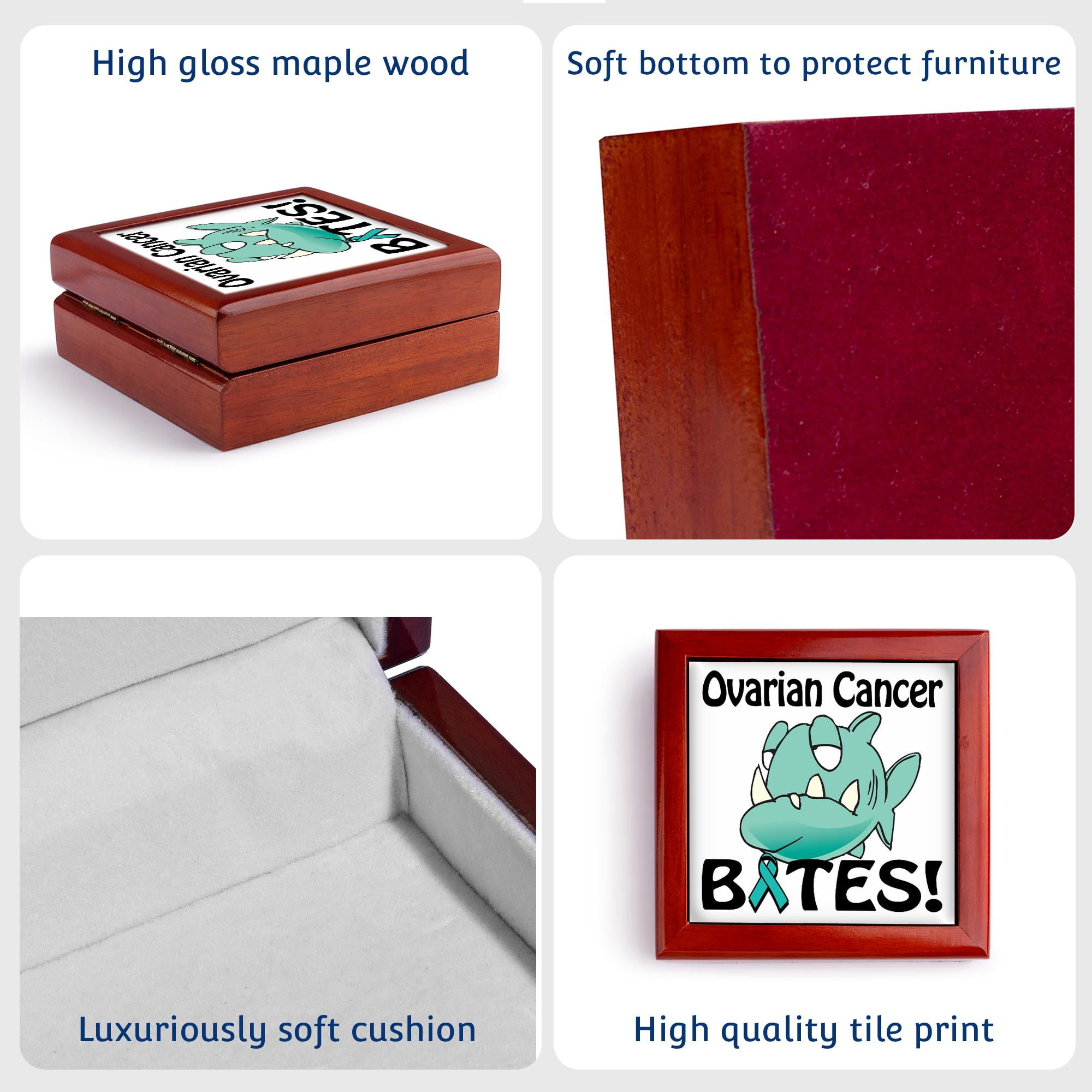 3dRose, Ovarian Cancer Bites Awareness Ribbon Cause Design, Jewelry Box 5.5x5.5 inch with 4 inch tile