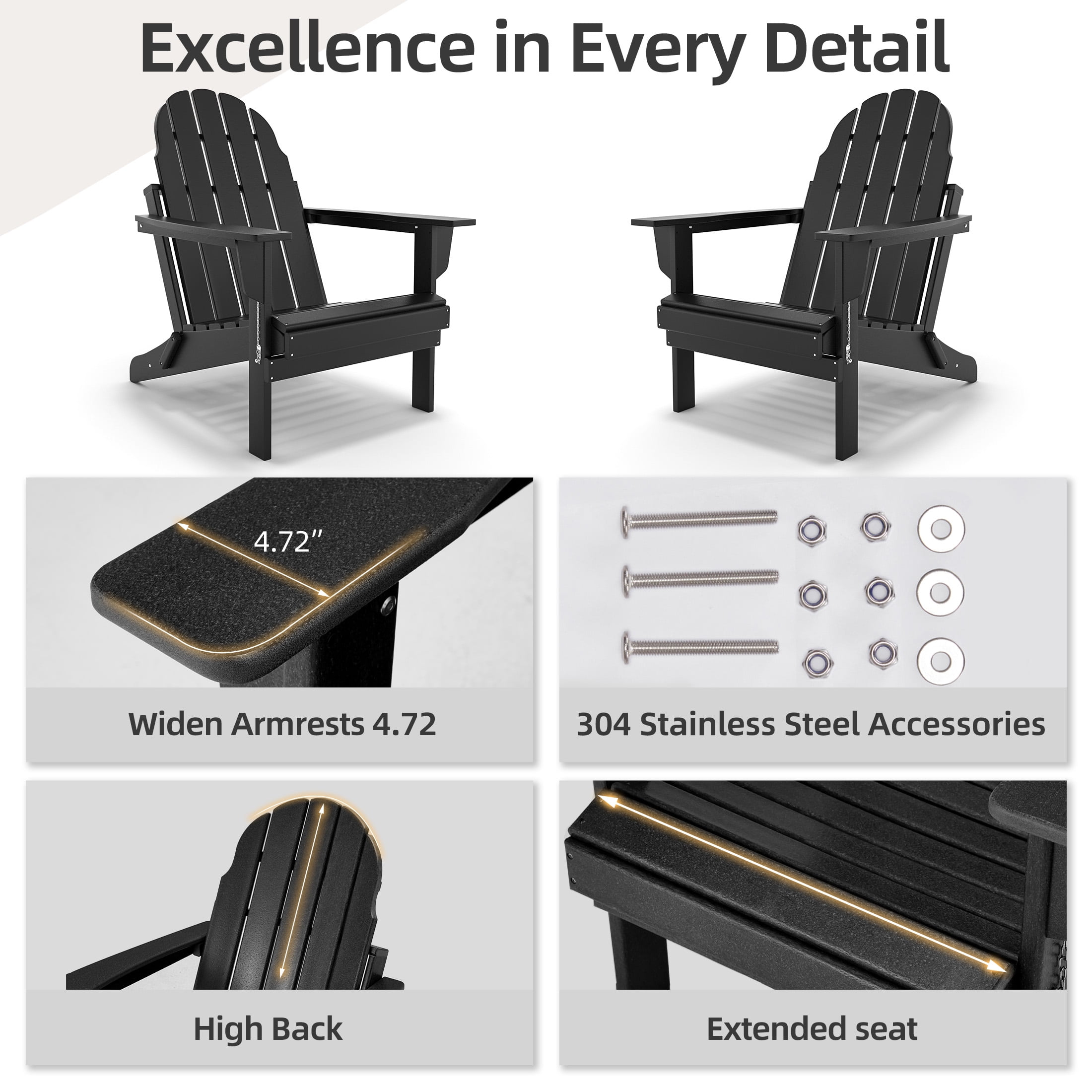 Erinnyees All-Weather Adirondack Chair,Folding Adirondack Outdoor Chair with Wooden Textured for Patio,Garden,Backyard and Lawn,Black