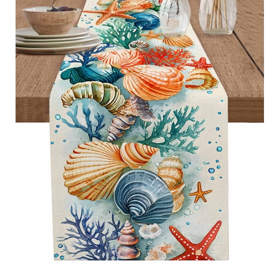 Ldtrchee Coastal Table Runner 48 Inches, Summer Beach Starfish Coral Shell Nautical Bed Runner Dresser Scarves Tabletop for Indoor Outdoor Parties/Ceremony/Banquet, 13" x 48"