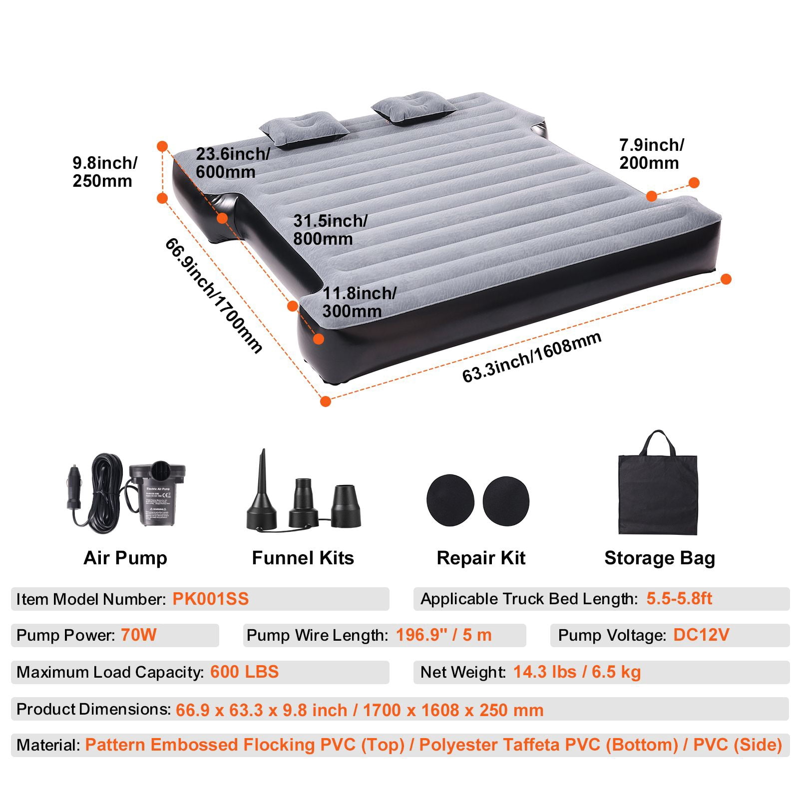 5-5 Truck Bed Air Mattress, 600LBS Load Capacity, Inflatable Air Mattress Camping Bed with 12V Air Pump 2 Pillows, Truck Length 5.5-5.8 ft, for home office apartment bedroom and small space use