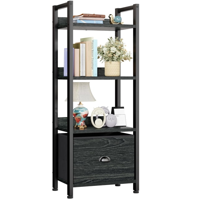 Estantería Furologee de 4 niveles con cajón, madera y metal, roble negro