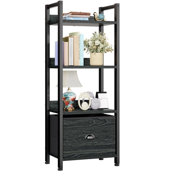 Estantería Furologee de 4 niveles con cajón, madera y metal, roble negro