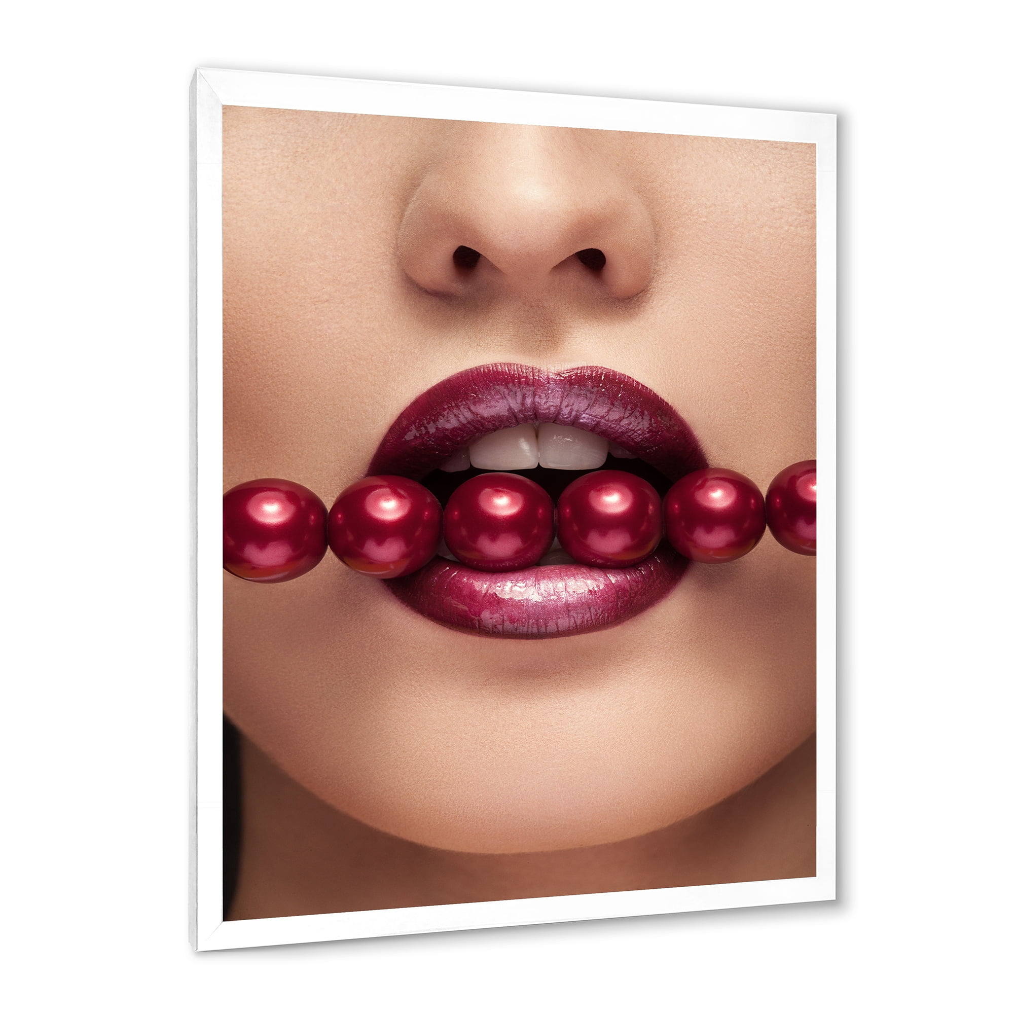 Designart 'Girl With Red Pearls In Mouth In A Sensual Pose' Modern Framed Art Print