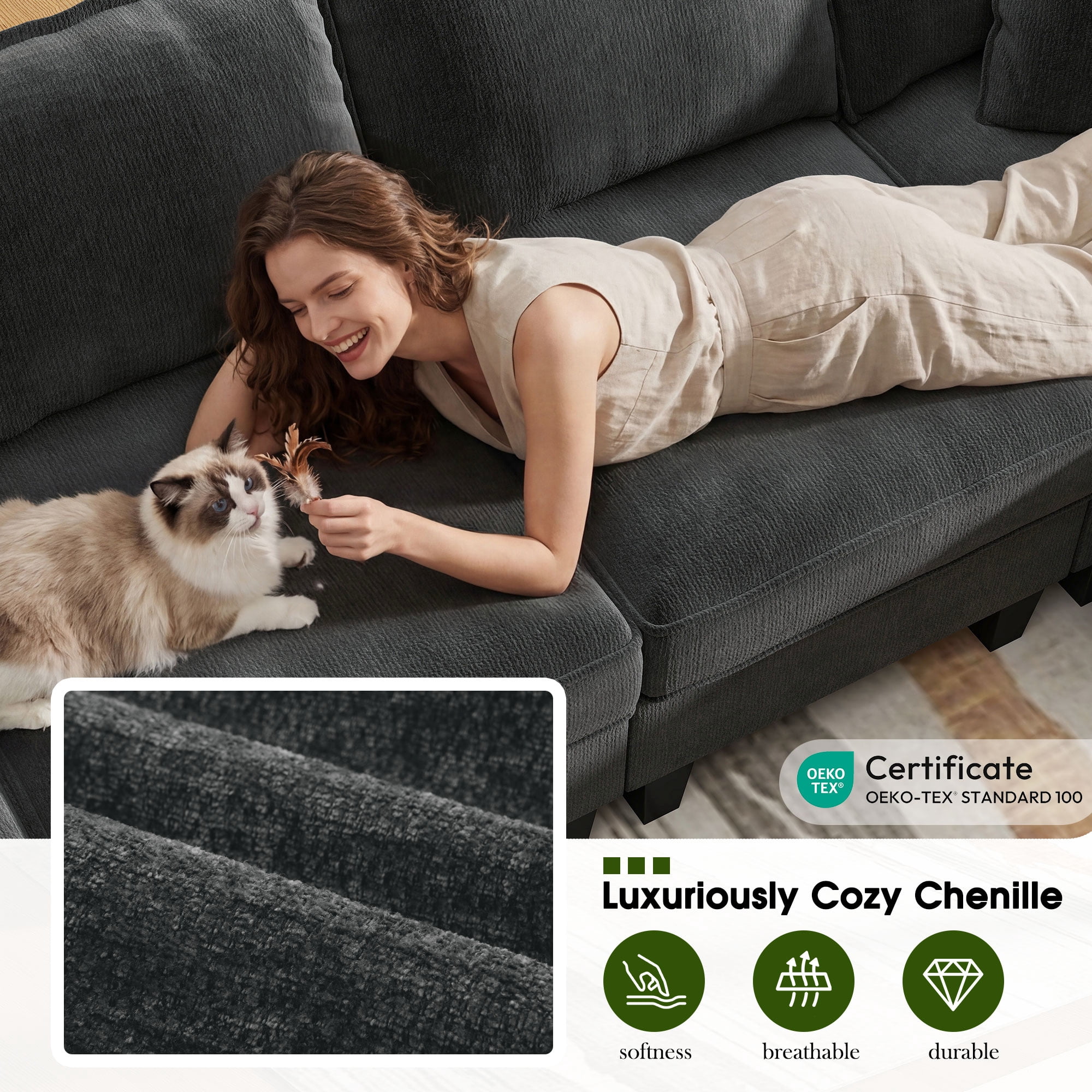 BedLuxury 84” Modular Sectional Sofa with Moveable Storage Ottoman, Cloud Couch Seats 4, Modern Living Room Furniture, Chenille Black