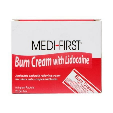 Medi-First Burn Relief Cream with Lidocaine, 0.13% - 0.5% Strength, 0.9 gram Individual Packet, 25 Count