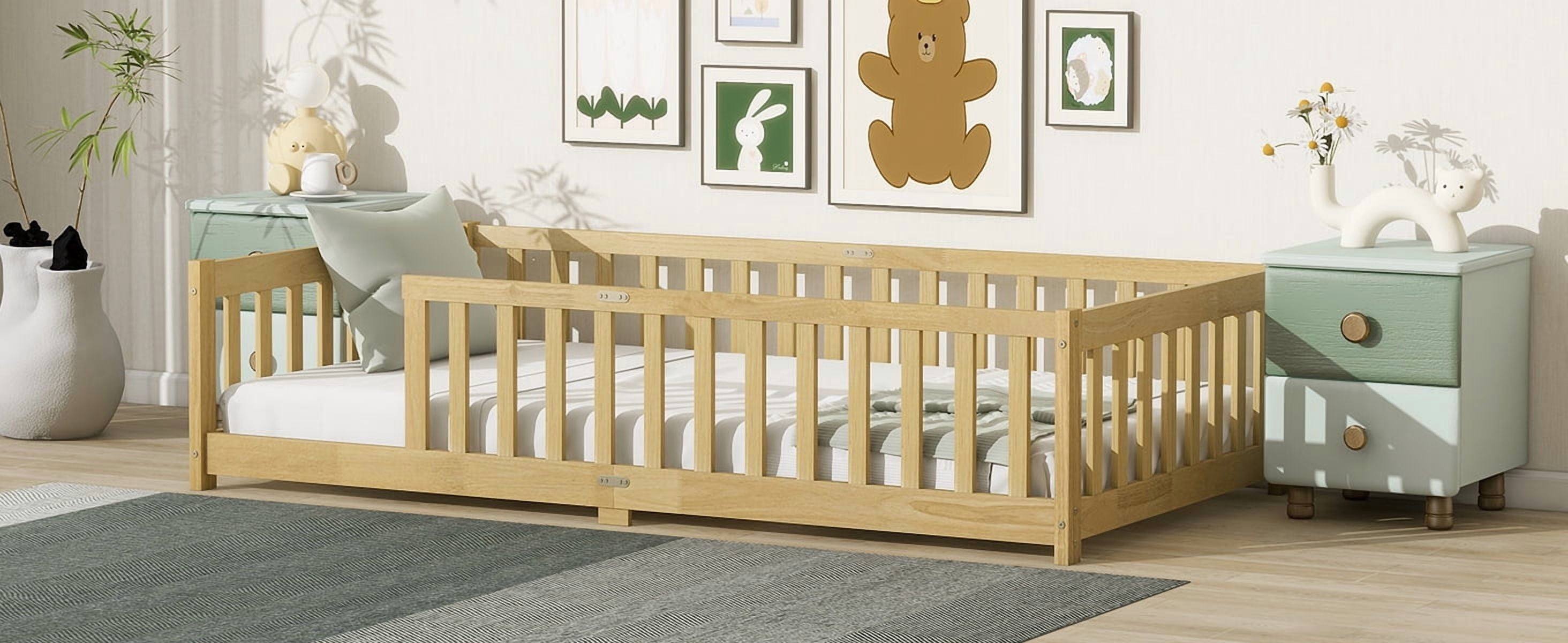 Twin Size Floor Bed with Fence without Door, Rubber Wood Floor Bed with Safety Guardrails,Natural