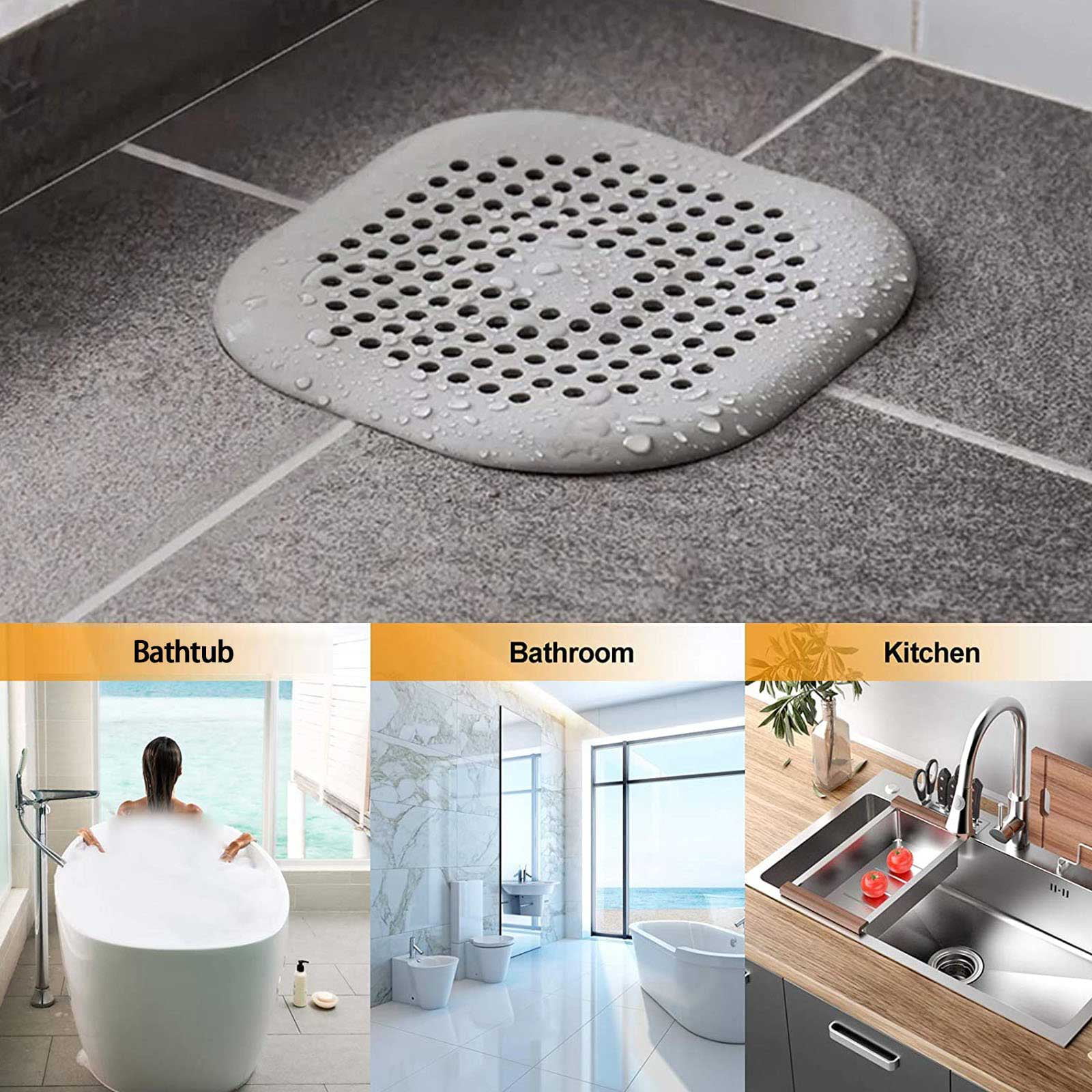 Hair Drain Catcher,Raised Square Shower Drain Covers with Suction Cup for  Pop-up Stopper 2 Pack (Grey)