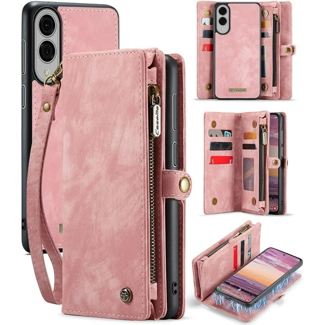 Funda tipo cartera para Samsung Galaxy S25 Edge, con cremallera, tarjetero, correa para la muñeca, funda protectora trasera magnética desmontable a prueba de golpes para Galaxy S25 Edge.