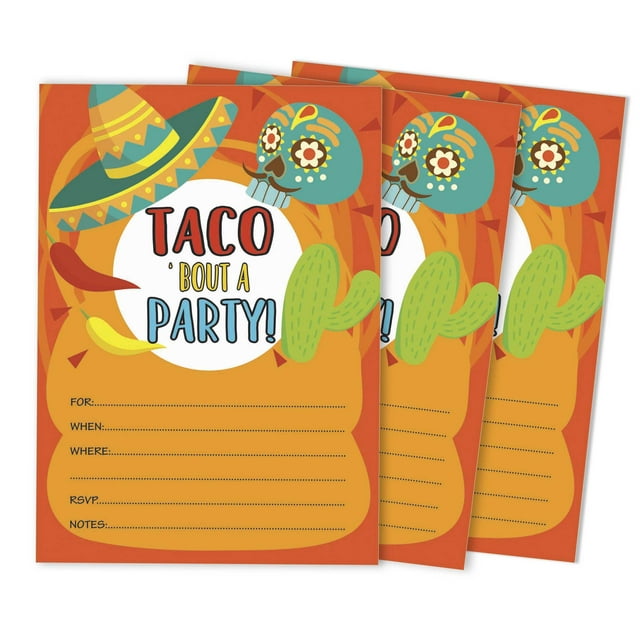 Inkdotpot Lot de 30 Invitations de Fête Taco Bout, Invitations de Fête Fiesta, Invitations Vierges à Remplir avec Enveloppes