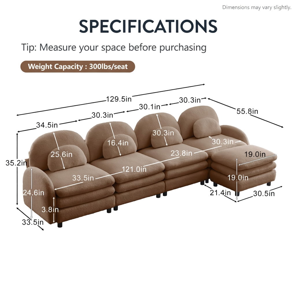 Hommoo Teddy Fleece 4-Seat Modular Sectional Sofa, Cloud-Like Double-Layer Cushion, Curved Backrest & Armrest, Movable Ottoman, Lumbar Support Pillows, Camel
