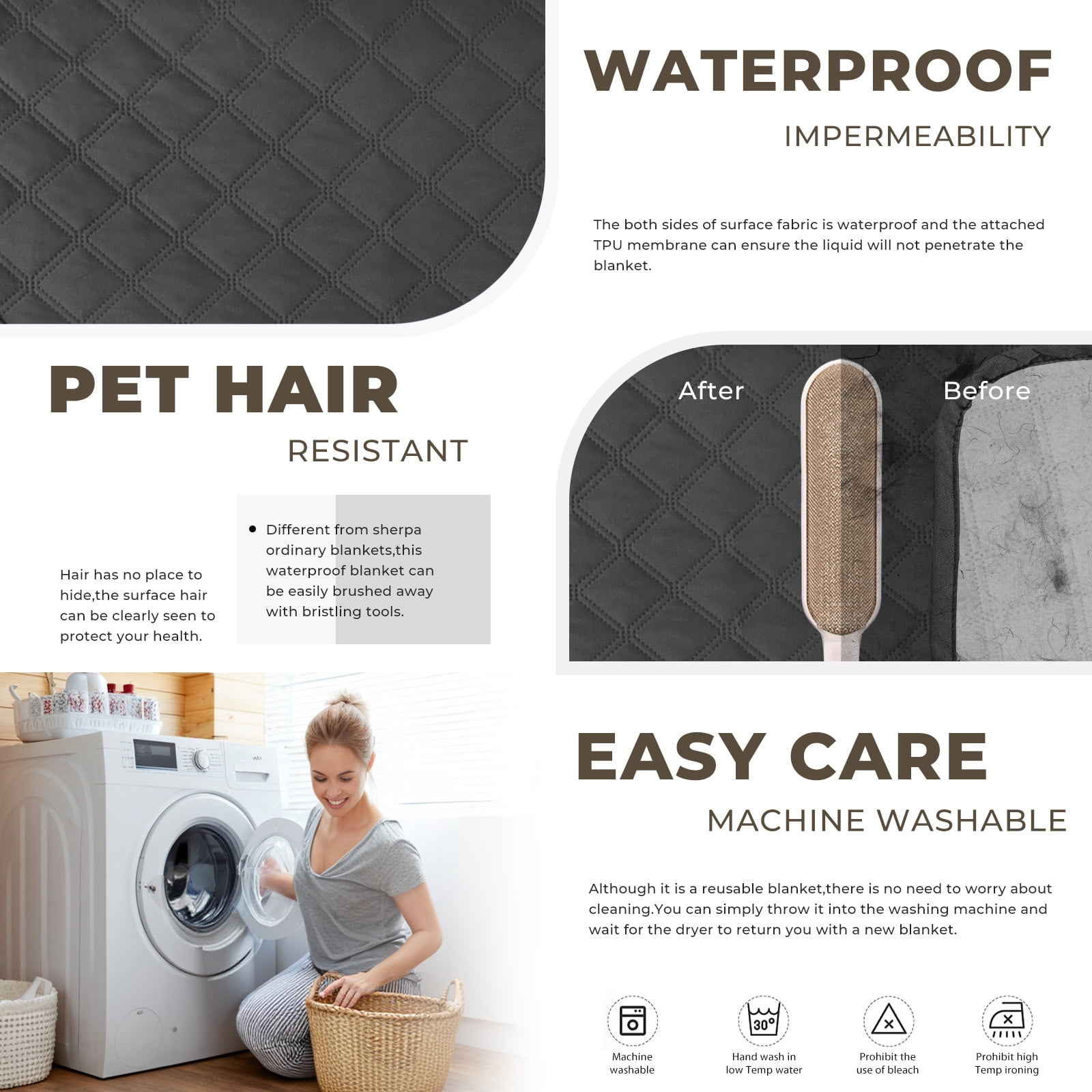 Sanmadrola Waterproof & Dog Bed Cover Pet Blanket Sofa, Couch Cover Mattress Protector Furniture Protector for Dog, Pet, Cat 68''x82'' Black Gray