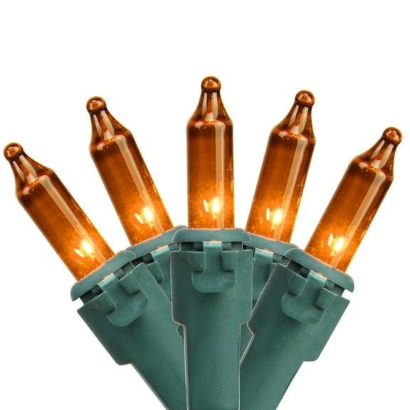 Set of 50 Orange Mini Christmas Lights 2.5" Spacing - Green Wire