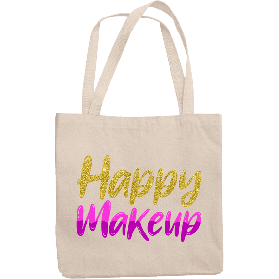 12oz Canvas Tote Bag - Happy Makeup with Glitter Text Design - Beauty Themed Merch for Makeup Artist or Cosmetologist, Gift for Makeup Lovers & Beauticians