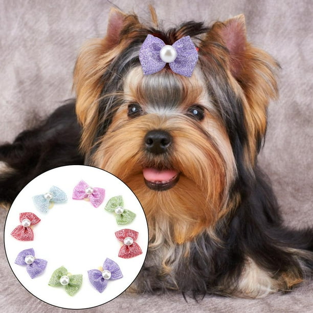 Herwey Pet Hair Clip 30pcs Cat Puppy Bowknot Hair Rubber Bands with Fake Pearl Pet Hair Accessories Puppy Rubber Bands