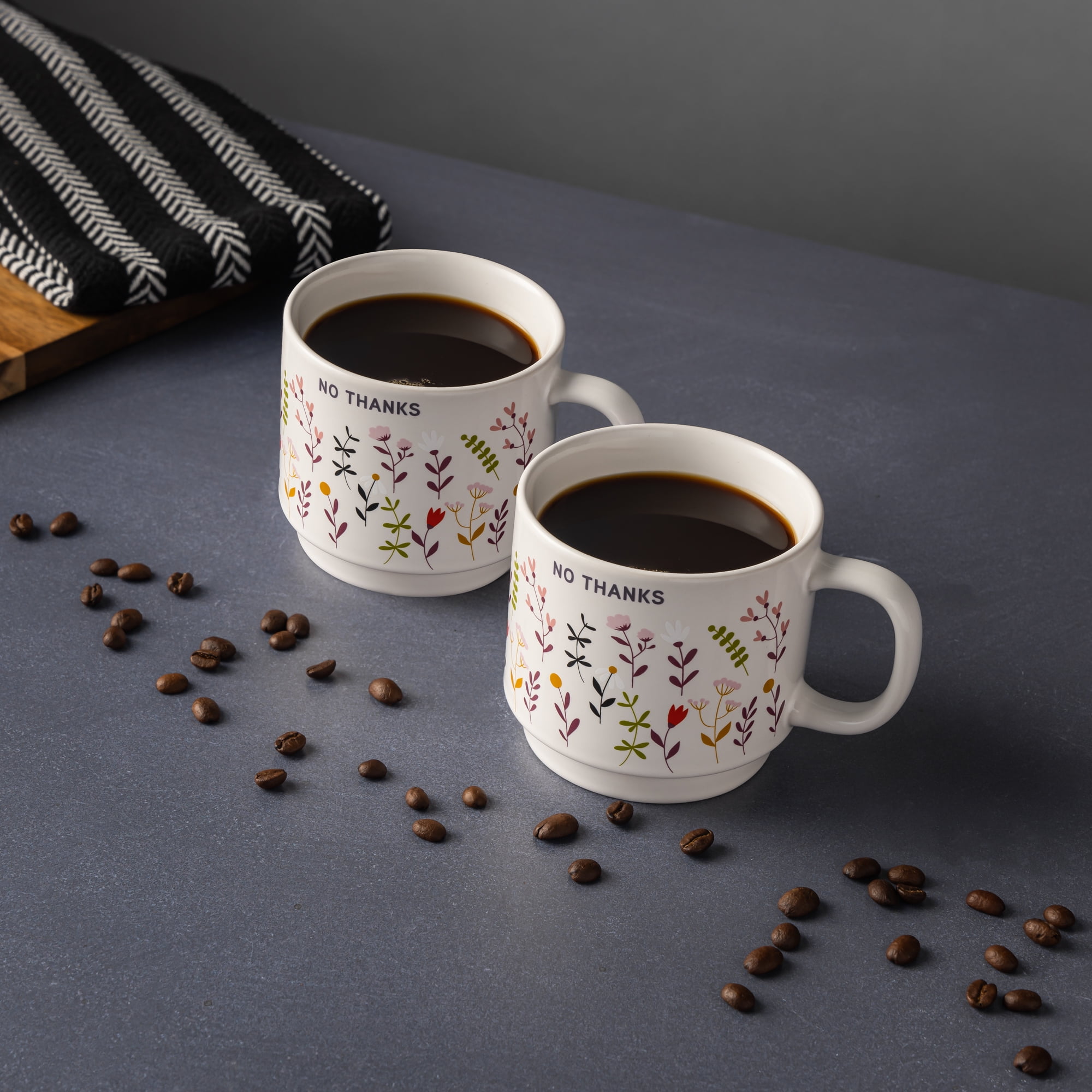 Lot de 2 mugs empilables « Good Morning » et « No Thanks » avec fleurs, en grès, 410 ml