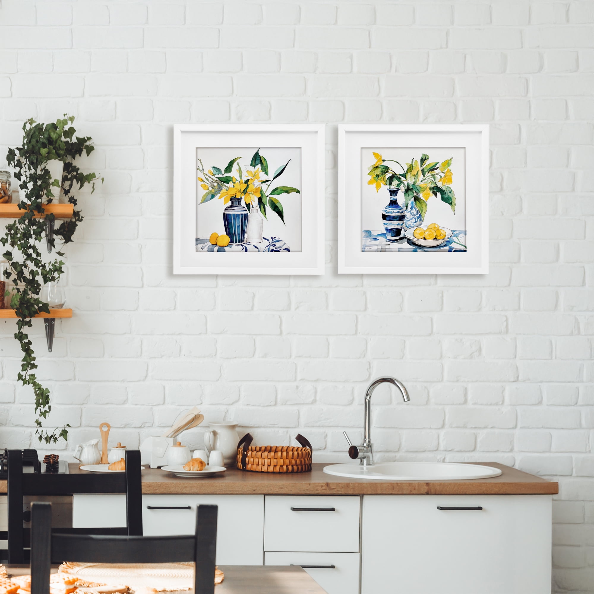 Stupell Industries Lemon Blooms Table Setting 2 Piece White Framed Print Under Glass Set, design by Ray Powers