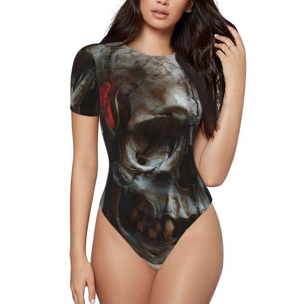 Balery Realistic Rose Skull Body de cuello redondo de manga corta para mujer Tops de manga corta Tops básicos-X-Large