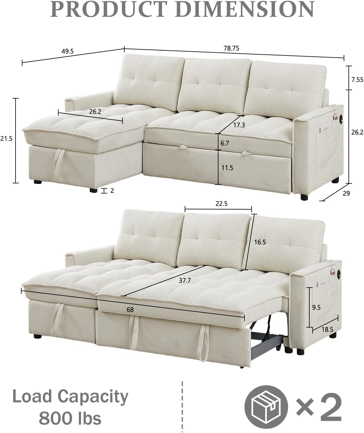 AENKYO 78.75" Reclining Sleeper Sofa with Pull-Out Bed and Built-in Charging Station, 3-Seat Sectional Couch with Cup Holders, Beige