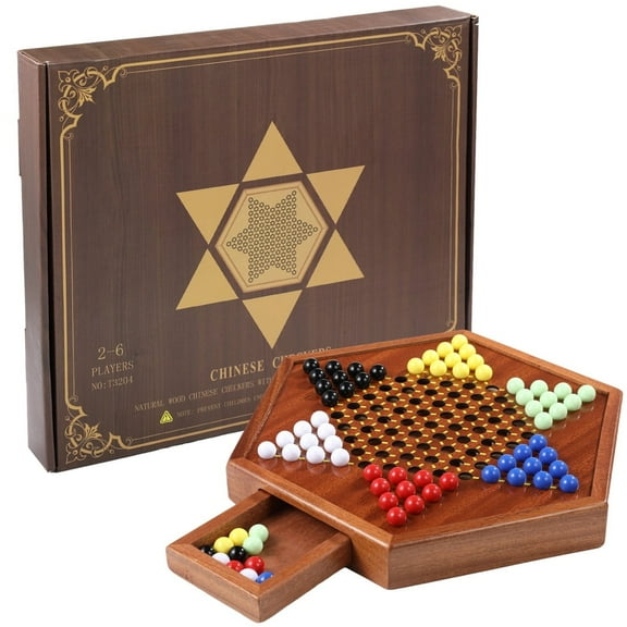 Chinese Checker, 12.5 Inch Wooden Chinese Checker Board Game with 72 Marbles & Storage Drawer, Strategic Board Game Kit Birthday Gift for All ages