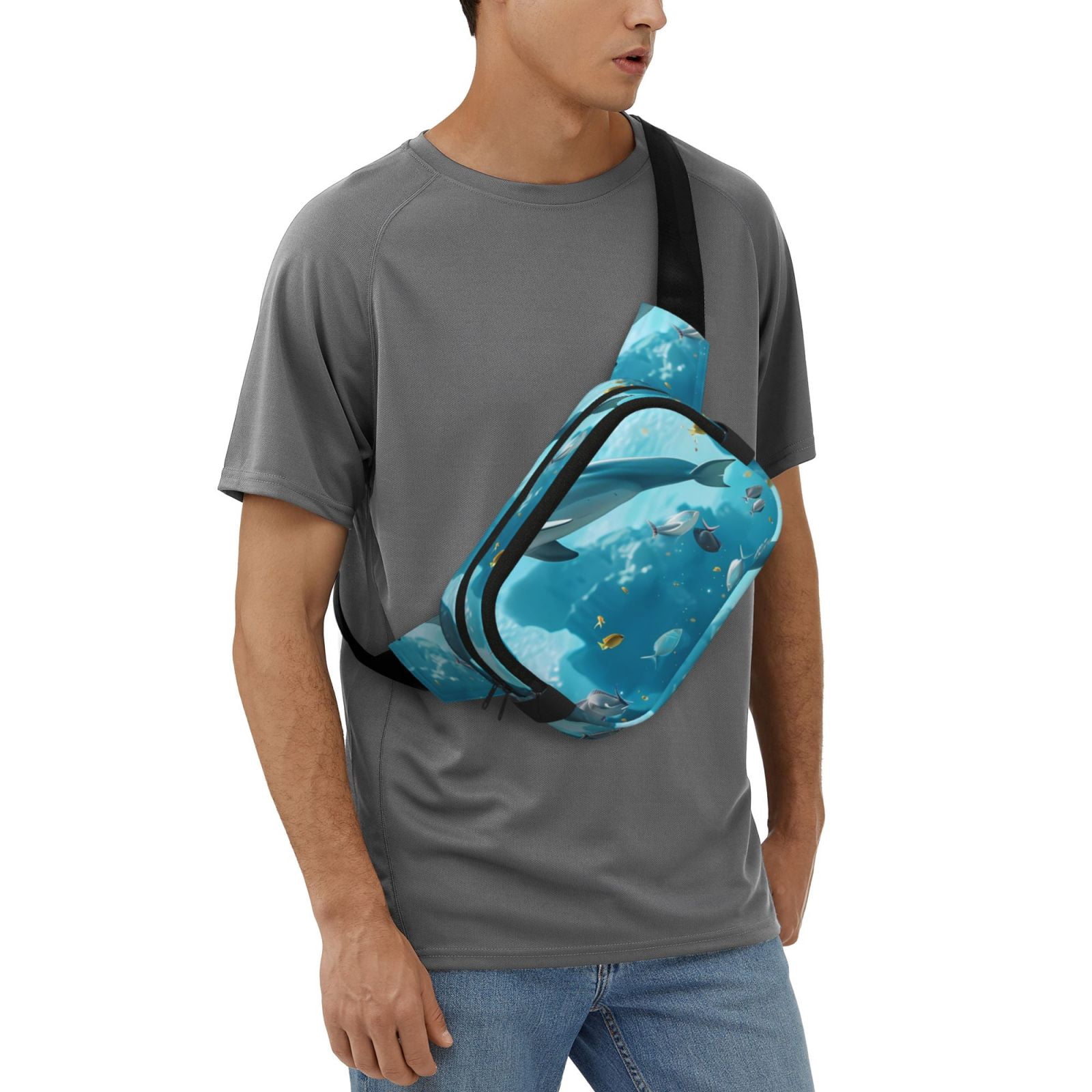 Fuzoiu Underwater Dolphin Scene Print Unisex Square Double Layer Waist Bag,Crossbody Fanny Pack Travel Workout Accessory