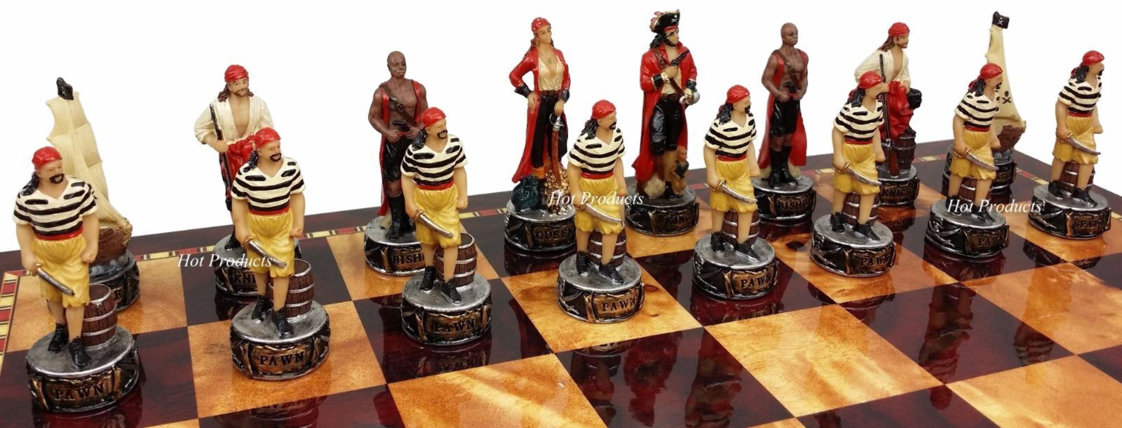 Pirates Vs Royal Navy Pirate Chess Set W 18" Cherry  Burlwood Color Board