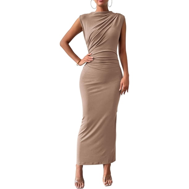 BTFBM - Vestido ajust fruncido para mujer, de verano, casual, sin mangas, con abertura en la espalda, elegante, club, fiesta de noche, cóctel, vestido largo