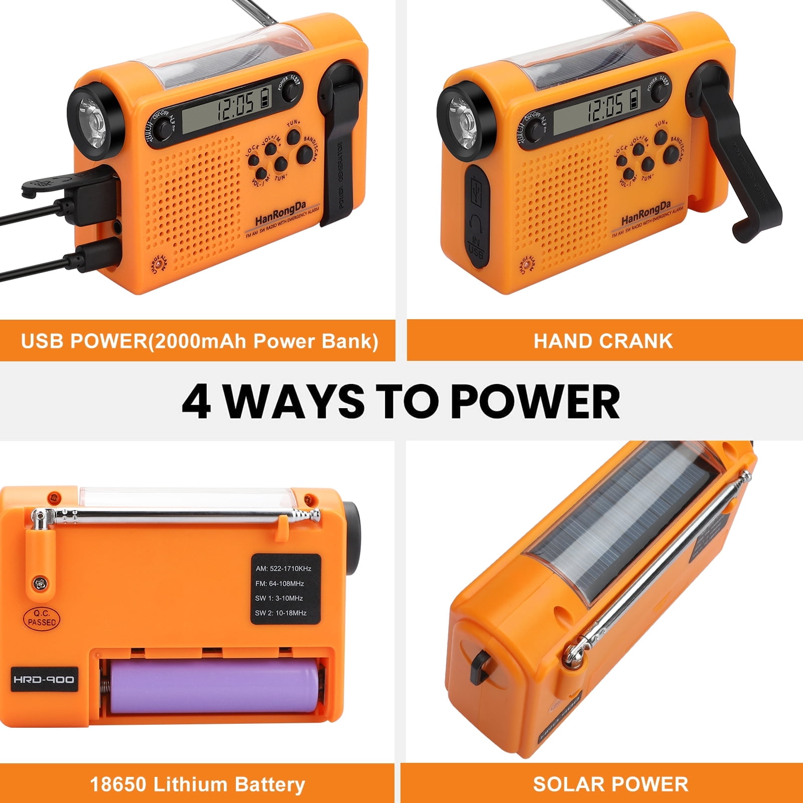 NOAA Weather Radio, AM FM WB Portable Hand Crank Solar Emergency Radio with SOS Alarm, LED Flashlight, LCD Display, Cell Phone Charger for Camping Hiking Traveling