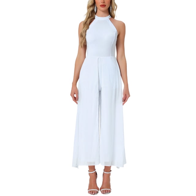 INSPIRAR CHIC Mono Elegante de Mujer con Cuello Halter Sin Mangas Mono Formal de Pierna Ancha S Blanco