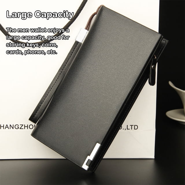 pitrice Men Long Wallet Luxury Simple Style Money Card Holder Solid Color Purse for Zipper Coins Phone Keys Bag Large Capacity Black