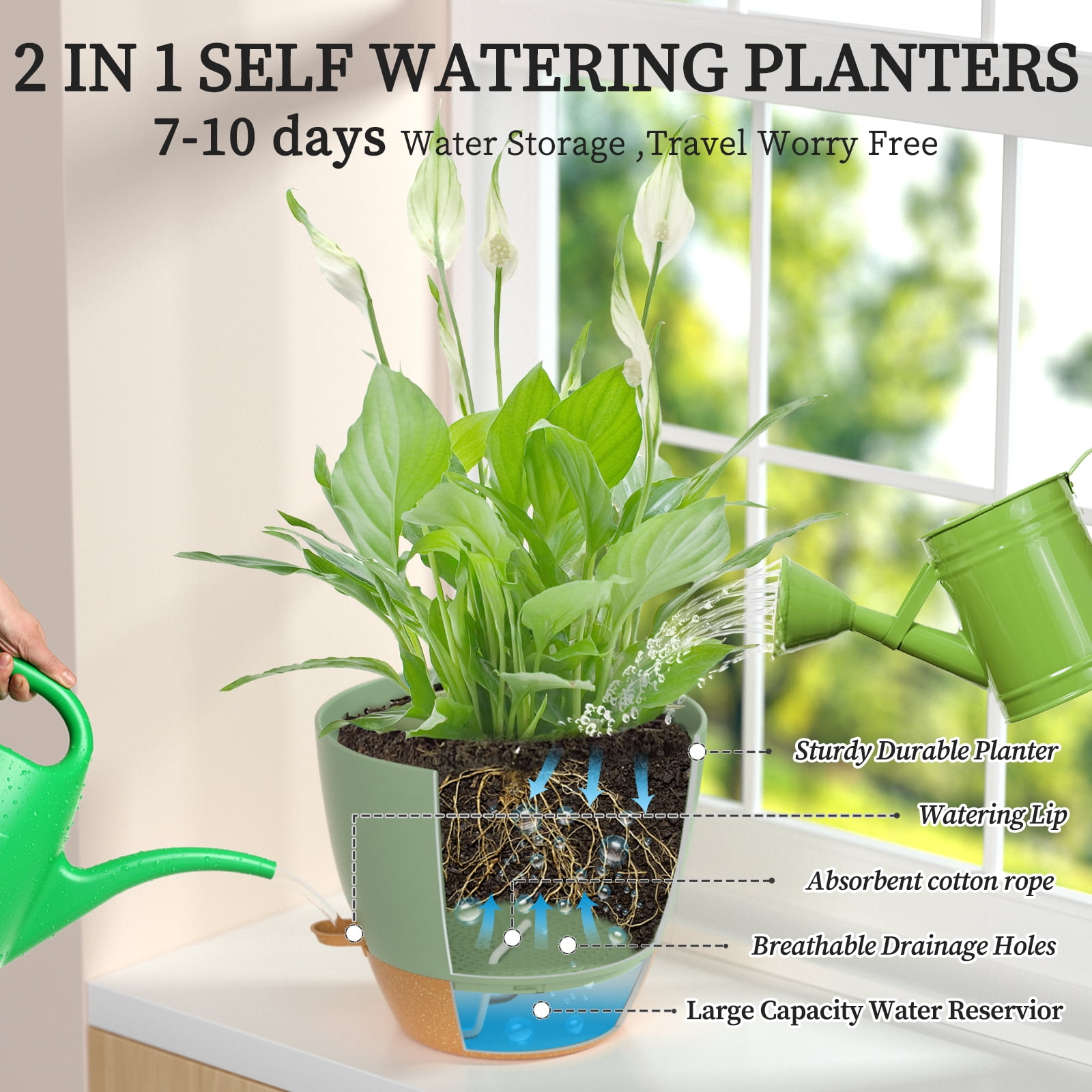 FIASON 3 Pack 9/10/12 Inch Green & Brown Self-Watering Plant Pots, Indoor Outdoor Garden Planters with Drainage Holes, Watering Lip & Removable Saucer for Flowers & House Plants