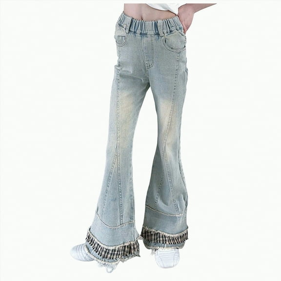 Ccpelsie Girls Baggy Applique Jeans Casual Elastic Waist Wide Straight Leg Denim Jeggings Pants Jeans with Pockets for Kids(Blue,11-12 Years)