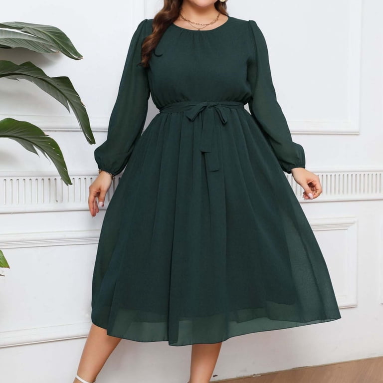 Wdfiry Women's Plus Size Midi Dress Casual Tummy Control Long Sleeve Flowy  Dresses Crewneck Tie Mesh Dress - Walmart.com