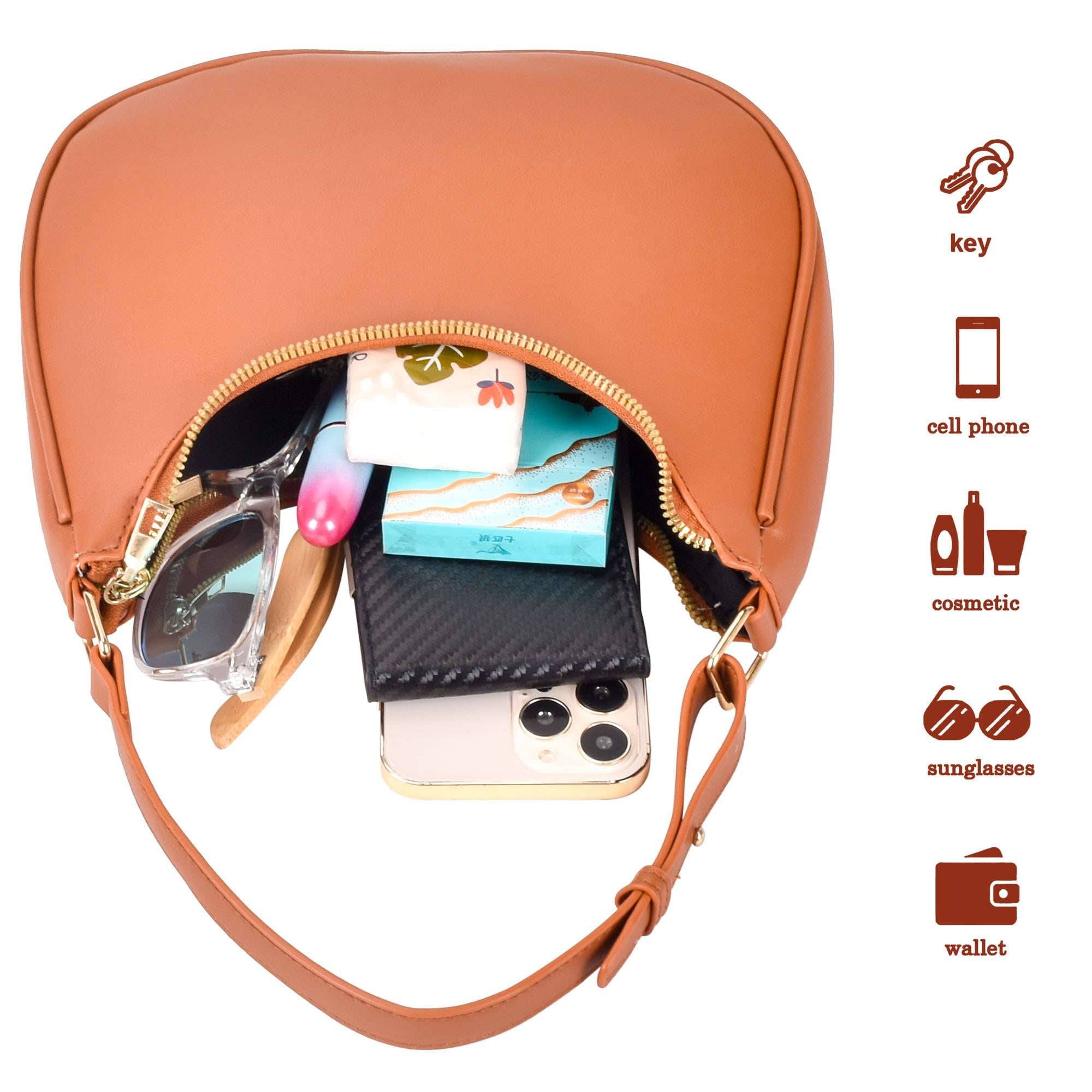 Spencer Shoulder Bag for Women Small Purse with Extension Strap Crescent Clutch Purse Leather Hobo Handbag Satchels, Black