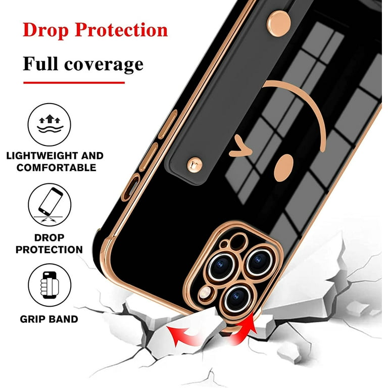 Plating Smile Case Wrist Strap Stand Cover For iPhone 15 Pro Max