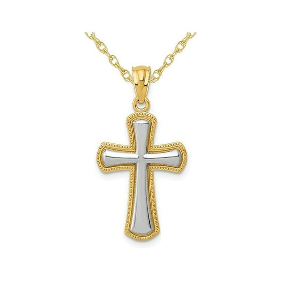 14K Yellow and White Gold Cross Pendant Necklace with Chain