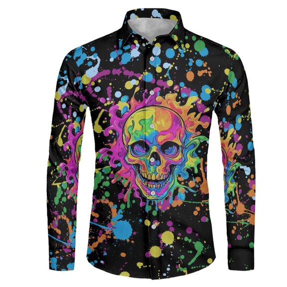 Chririnla Colorful Splatter Skull Tops for Men Fashionable Athletic Tee Long Sleeve Button Down T-Shirt Breathable V-neck Clothes Men's Formal Shirt