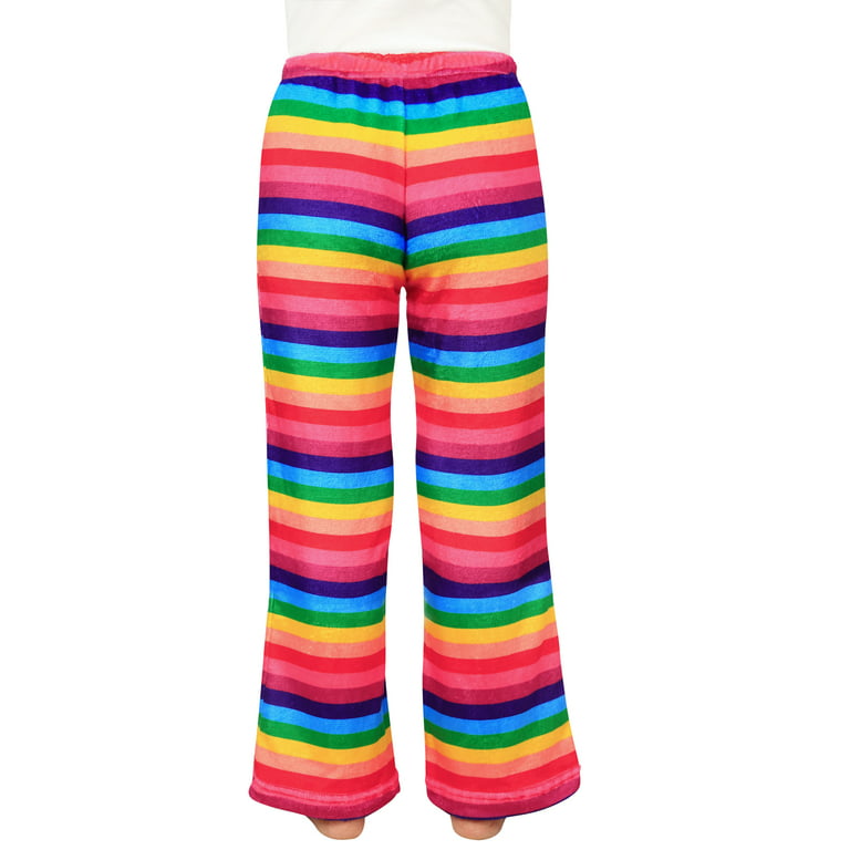 HDE Girl's Fleece Pajama Pants Kids Soft Sleepwear Casual Fuzzy Plush PJ  Bottoms (Rainbow Stripes, 7-8) 