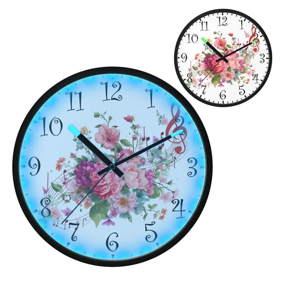 Voice Activated Clock with Glow Light 12 Inch Large Silent Wall Clock Battery Operated for Home Decor Colorful Musical Notes with Flowers