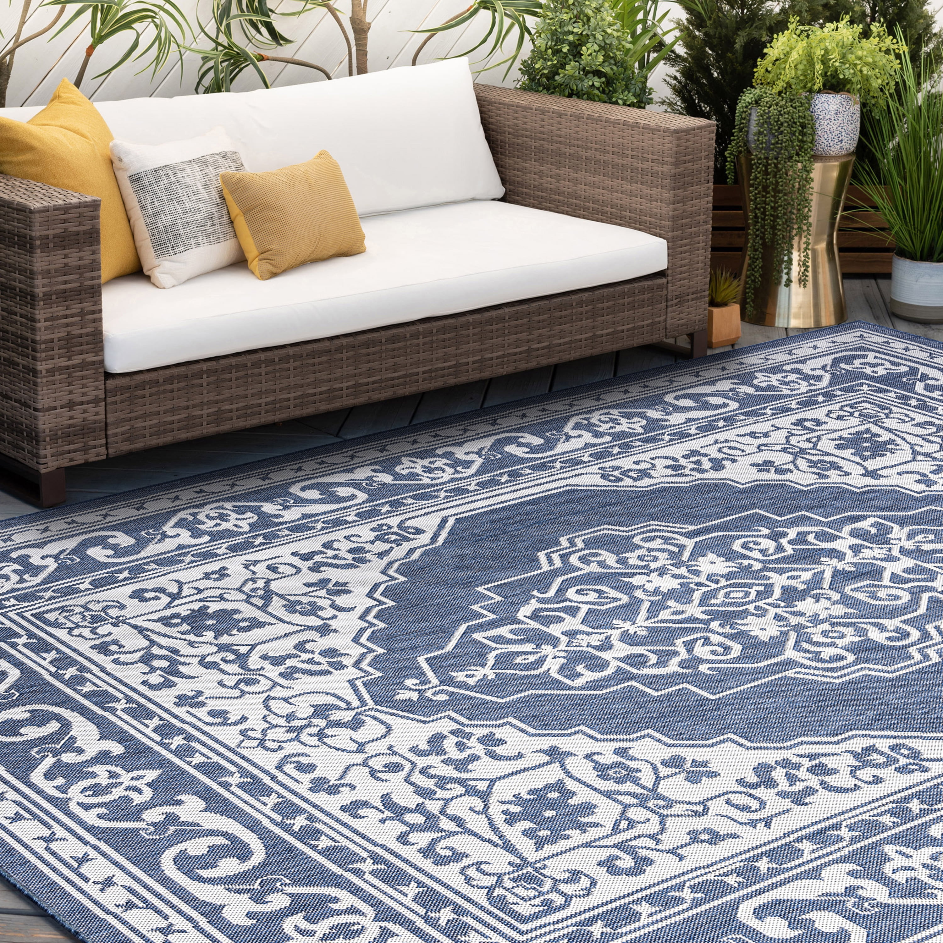 9x12 Water Resistant, Large Indoor Outdoor Rugs for Patios, Front Door Entry, Entryway, Deck, Porch, Balcony | Outside Area Rug for Patio | Navy, Floral | Size: 8'10'' x 12'2''