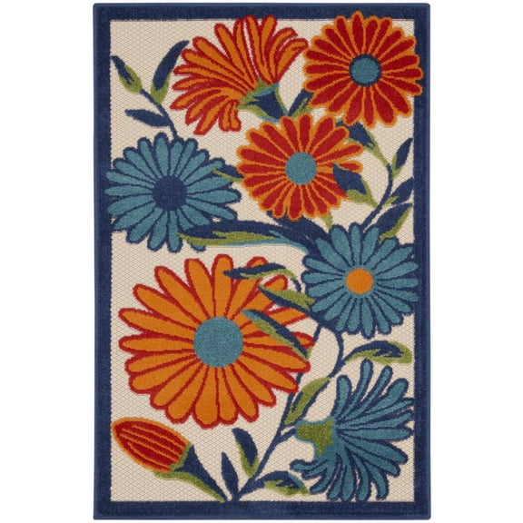 HomeRoots 3' X 4' Blue and Orange Floral Power Loom Area Rug