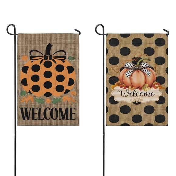 Welcome Fall Pumpkin Black Dot Garden Flag Double Sided Yard Flag for Garden Lawn Party Thanksgiving Christmas Autumn Signs Welcome Flags 12.5x18inch Set Of 2
