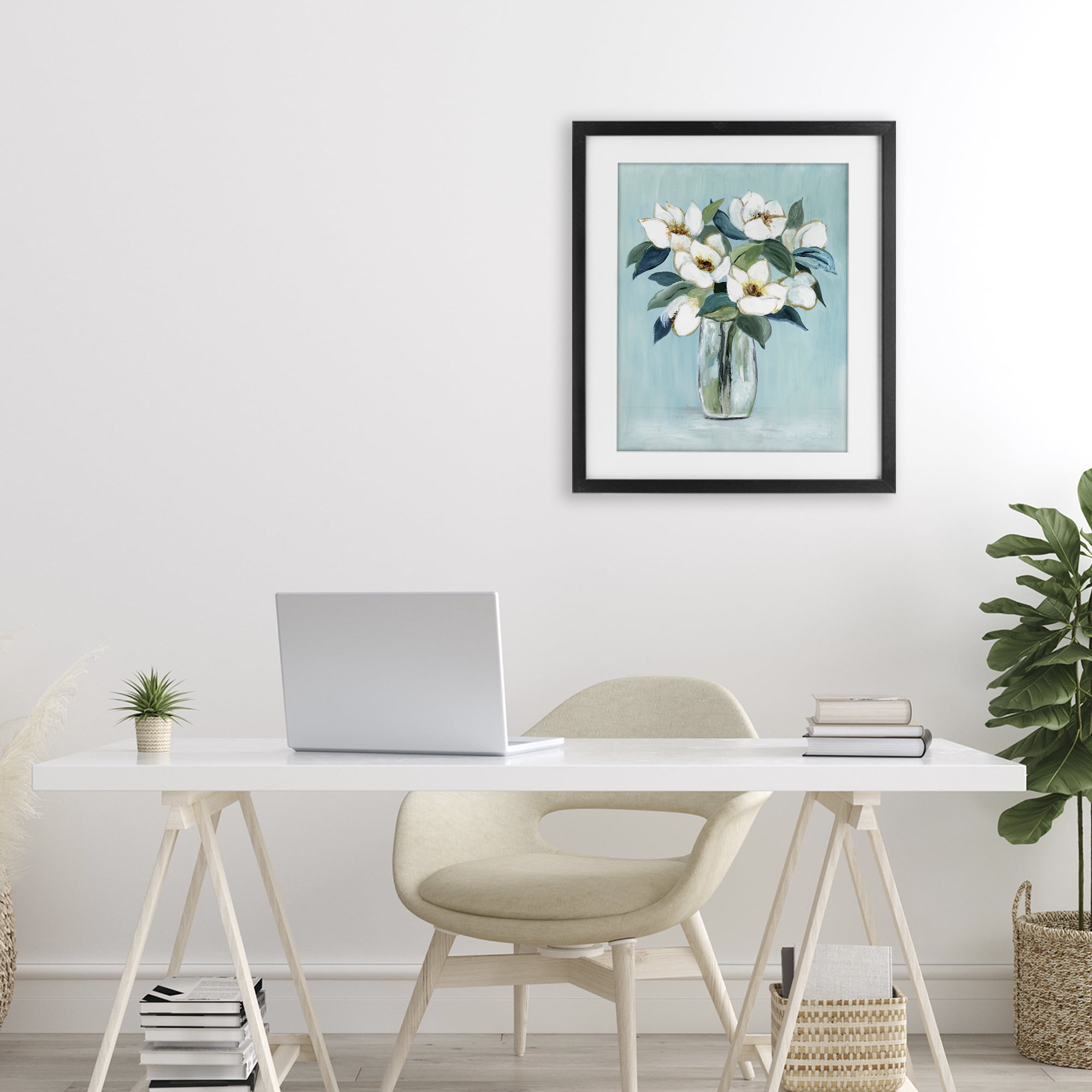 Stupell Industries Magnolia Blossoms on Blue Black Framed Print Under Glass, design by Janet Tava