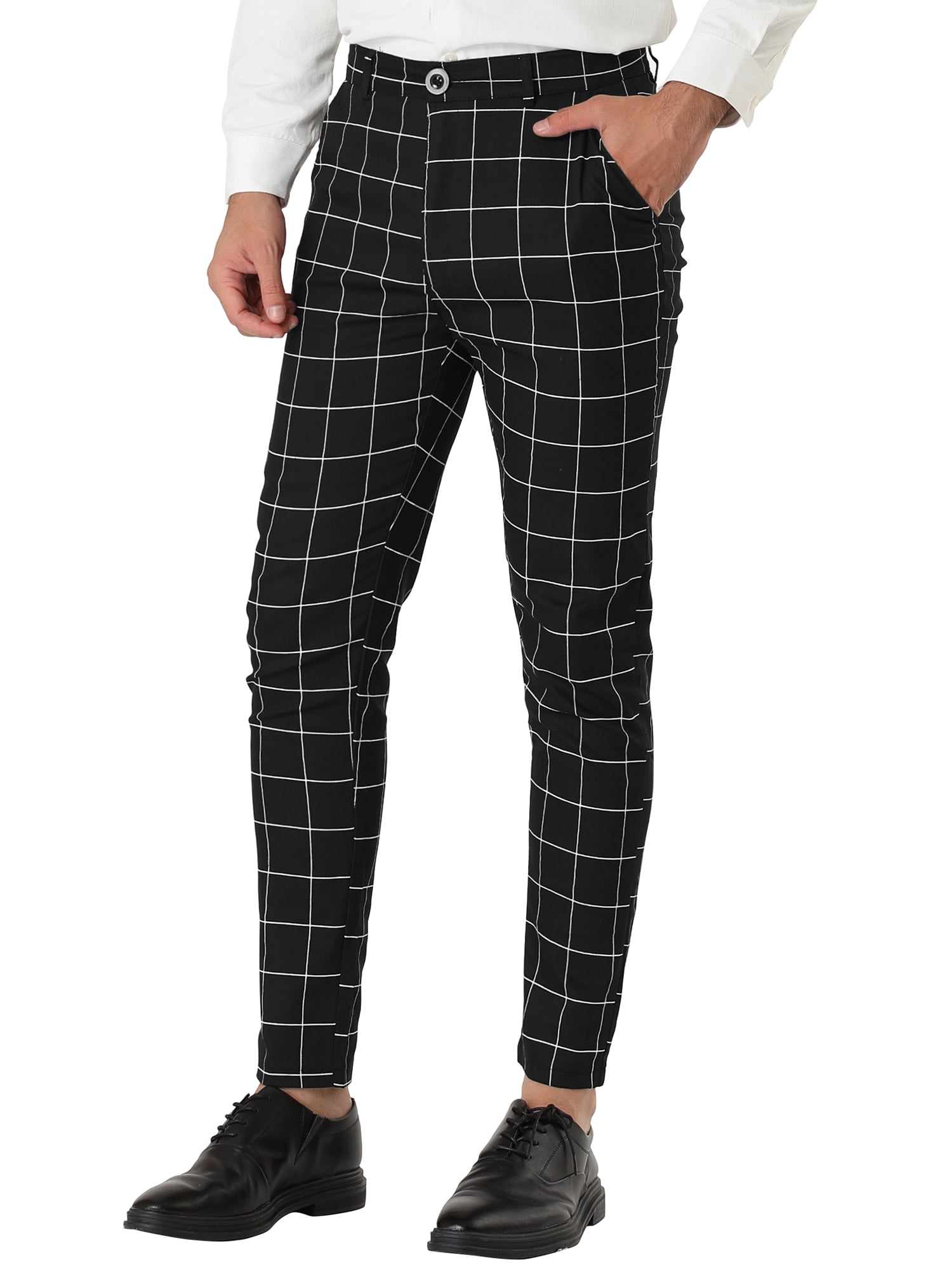 Unique Bargains Men's Slim Fit Plaid Business Pants Trousers with Pockets 30 Black and White