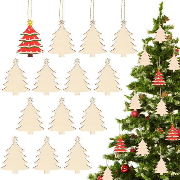 Arborister Wood Christmas Tree Hanging Ornaments: 50pcs Wooden Xmas Tree DIY Blank Wood Craft Painting Holiday Hanging Pendants Xmas Tree Decor