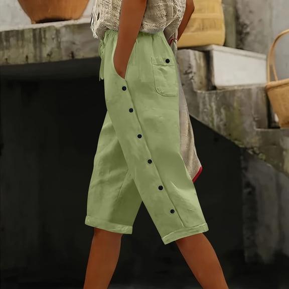Kinrui Womens White Linen Capris Lightweight Summer Casual Beach Crop Trousers Mint Green XL