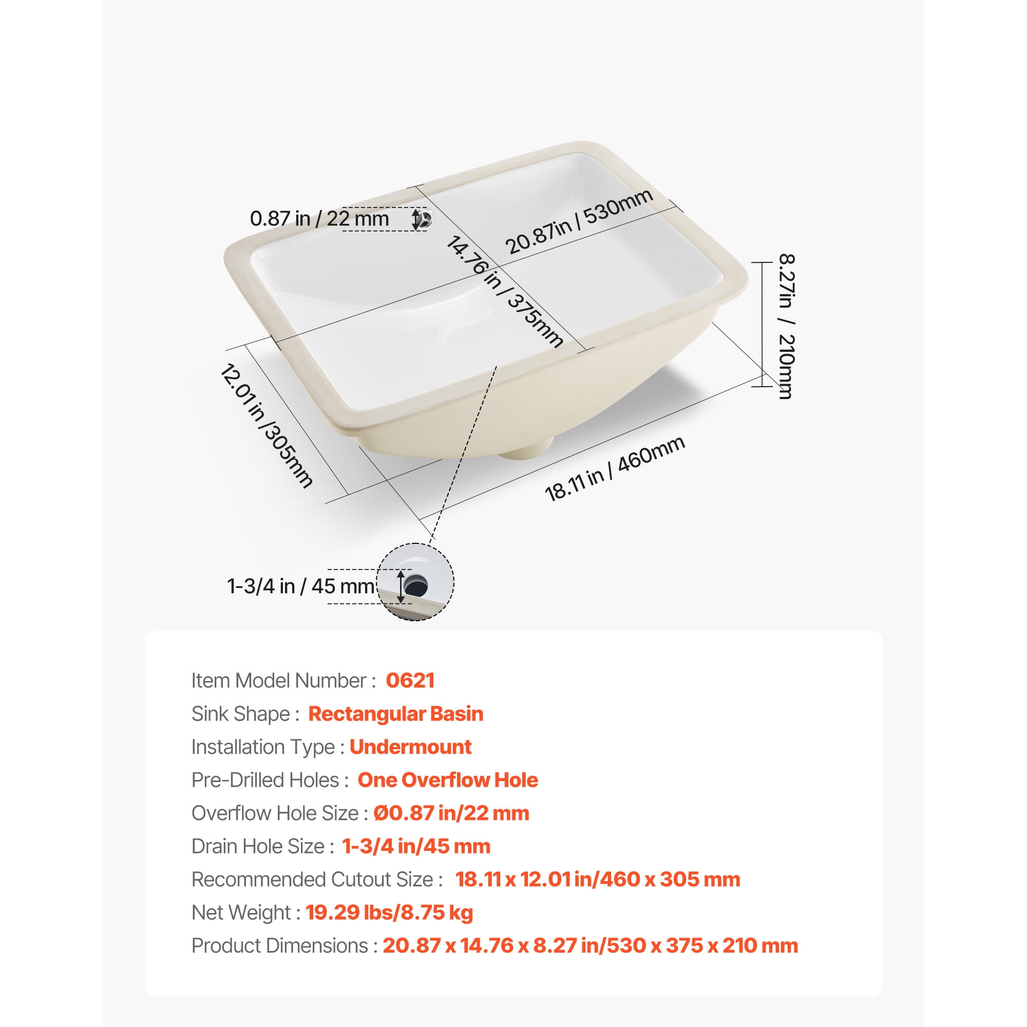KFFKFF Rectangular Undermount Bathroom Sink, 20.87 x 14.76 Inch White Ceramic Basin with Overflow, Modern Under-Counter Vanity Sink for Compact Spaces