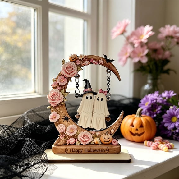Linnome Halloween Wooden Ghost on Moon Swing Ornament, Handcrafted Spooky Tabletop Figurine for Festive Home Decor, Creepy Ghost Hanging Decoration for Office Desk or Fireplace Mantel Shelf